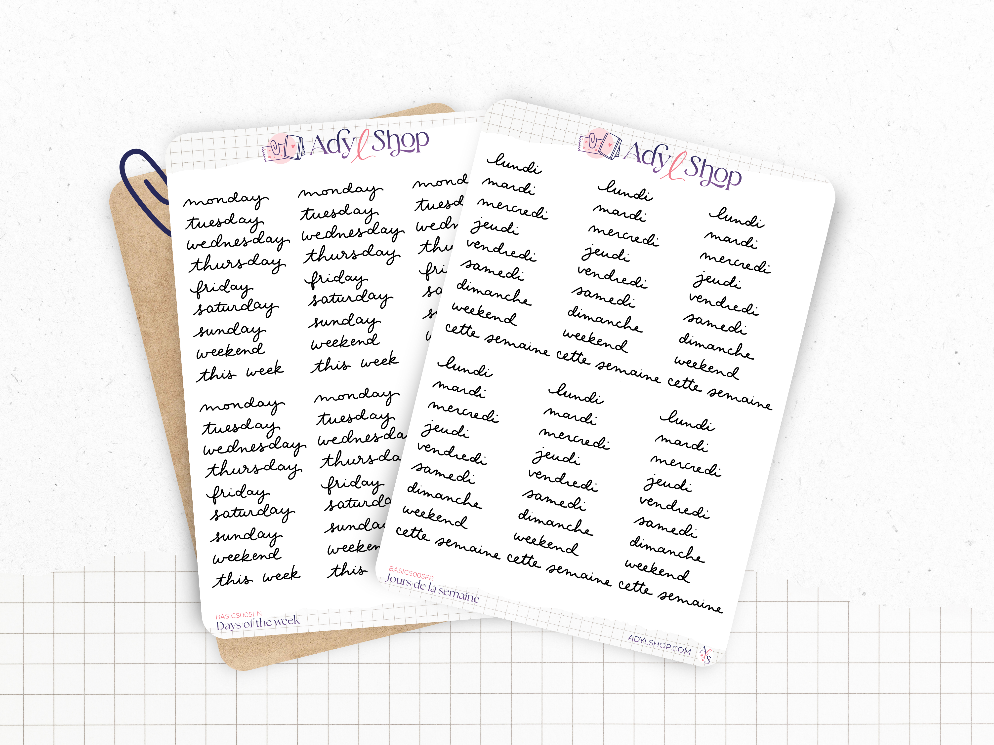 Sticker sheet - Days of the Week, cursive handwriting - 6 weeks of stickers - Bullet Journal, planner sticker sheet - journaling