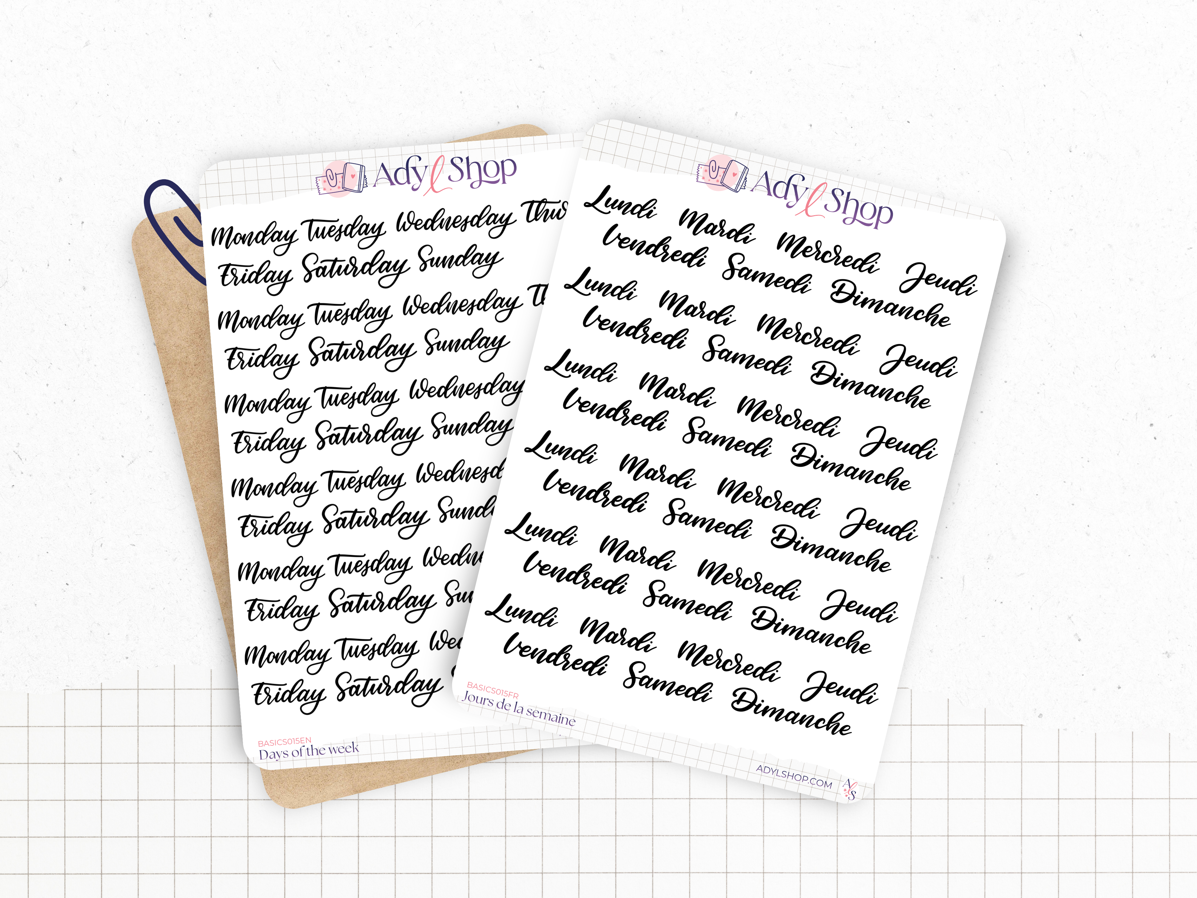 Planche Stickers "Jours de la semaine" calligraphie, écrits à la main - Papier autocollant blanc ou transparent - Bullet Journal, Journaling