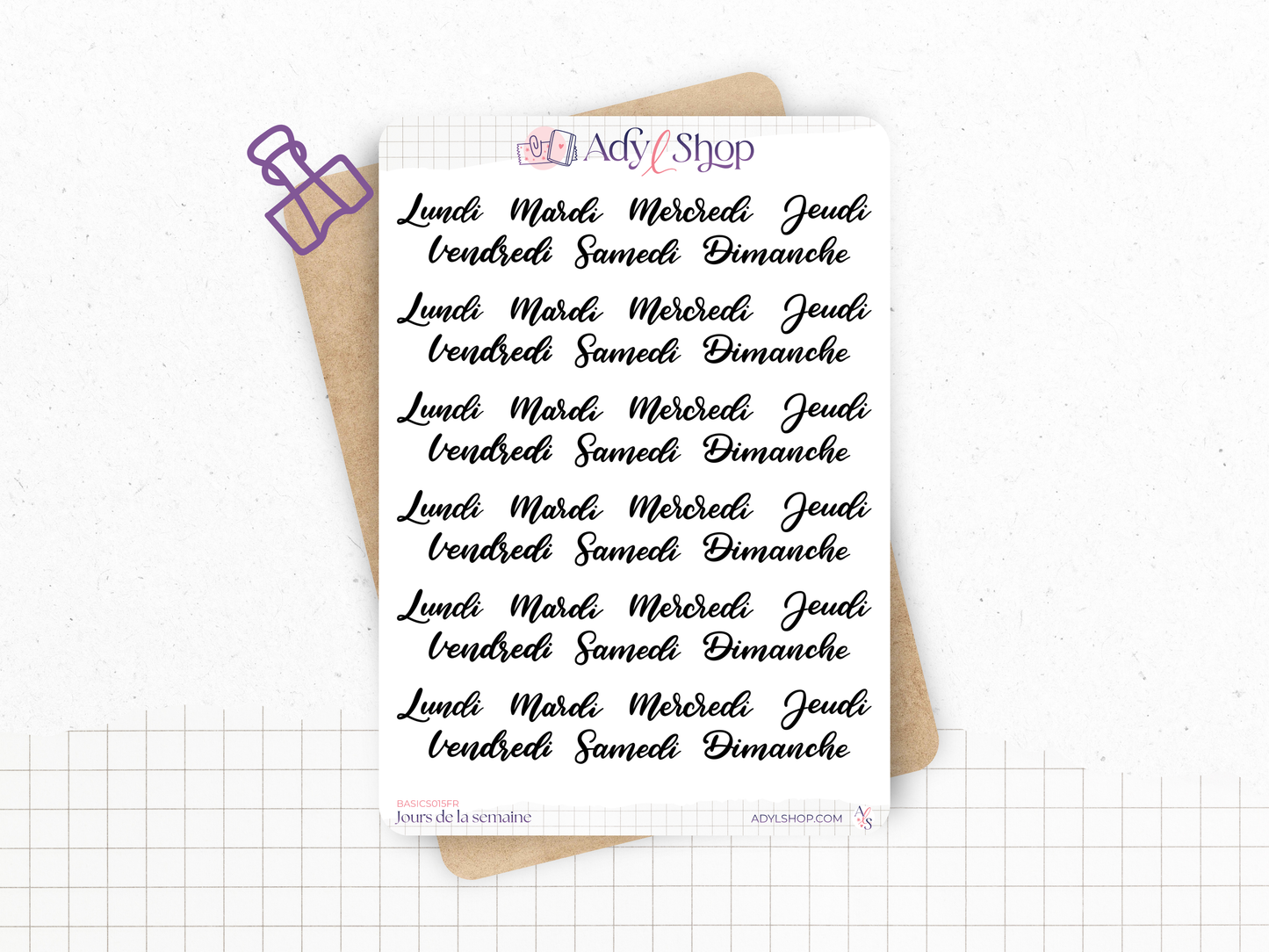 Planche Stickers "Jours de la semaine" calligraphie, écrits à la main - Papier autocollant blanc ou transparent - Bullet Journal, Journaling