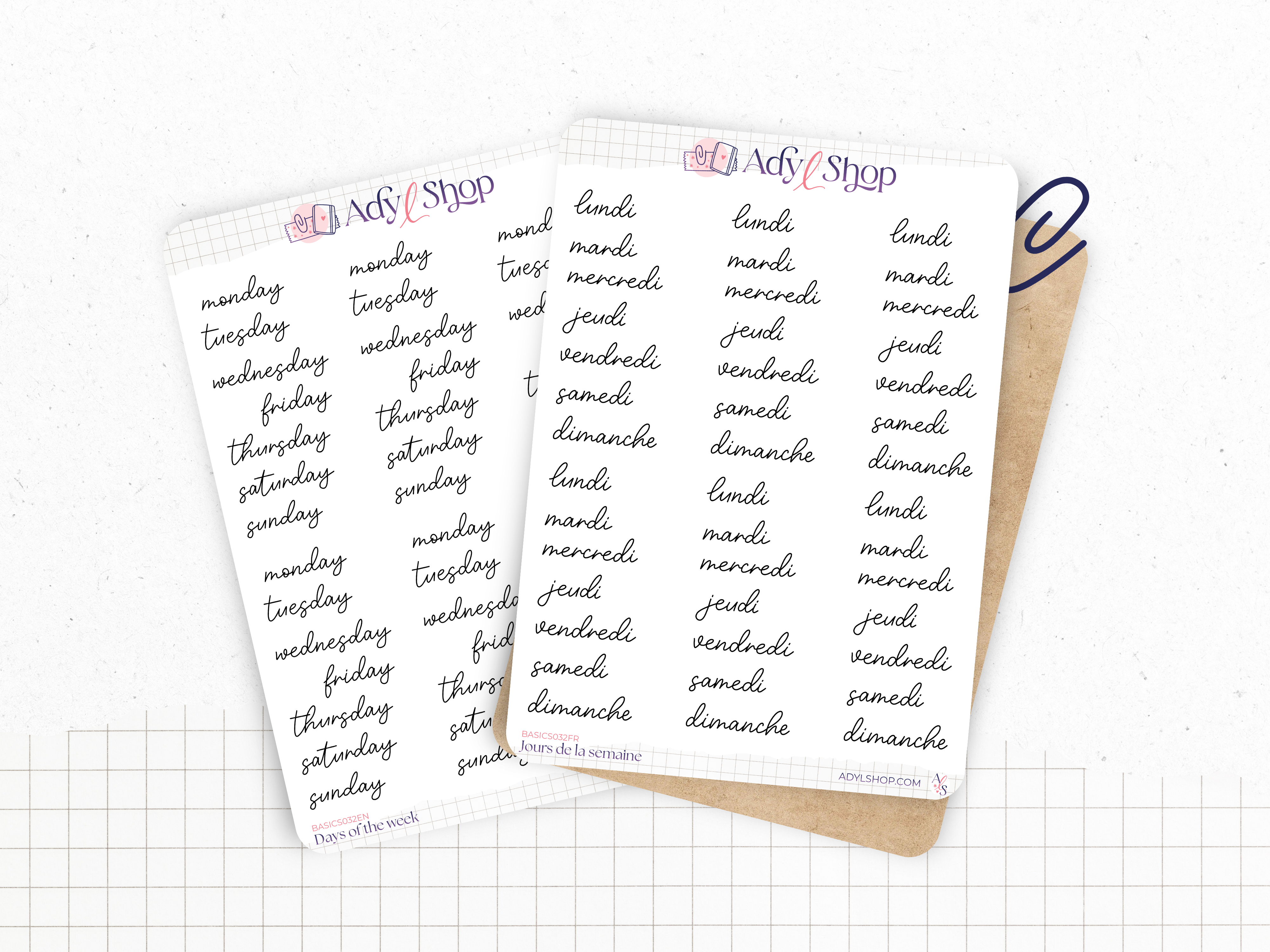 Stickers - Days of the Week, handwritten - 6 weeks of stickers - White or transparent sticker paper - Bullet Journal, planner - journaling