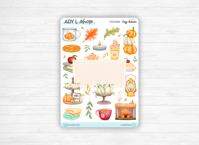 Sticker "Automne Cozy" - Doodles sur le thème de l'automne : citrouilles, cheminée, feuilles - Page de couverture - Bullet Journal & Planner