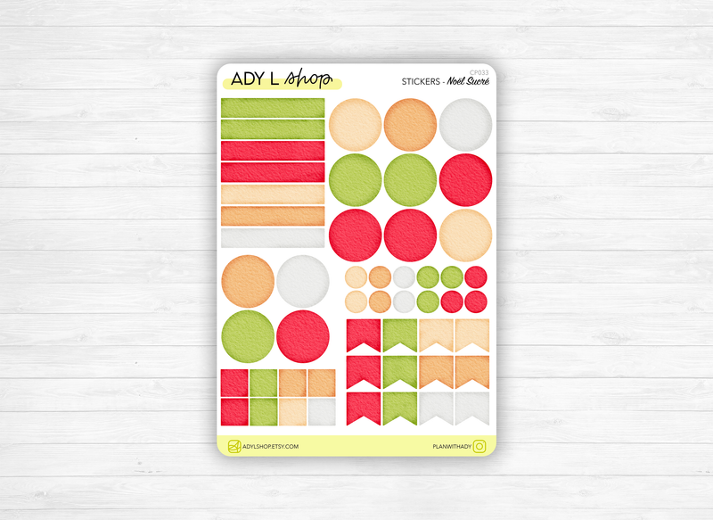 Planche Stickers Palette de Couleurs "Noël Sucré" différentes formes géométriques au couleurs de Noël - Bullet Journal & Planner -Journaling