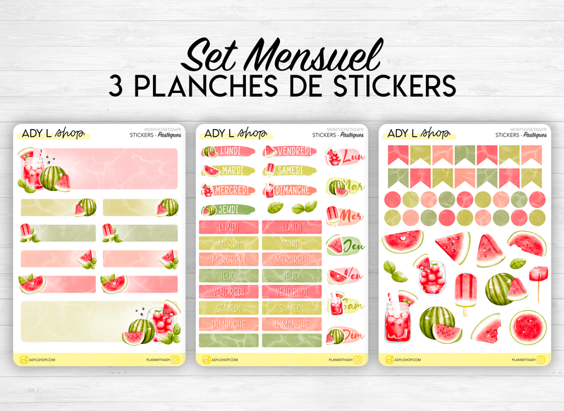 Set mensuel (3 planches) "Pastèques" pour Bullet Journal - Fruits d'été, melon, cocktails, été, fruit -Jours de la semaine, headers, doodles