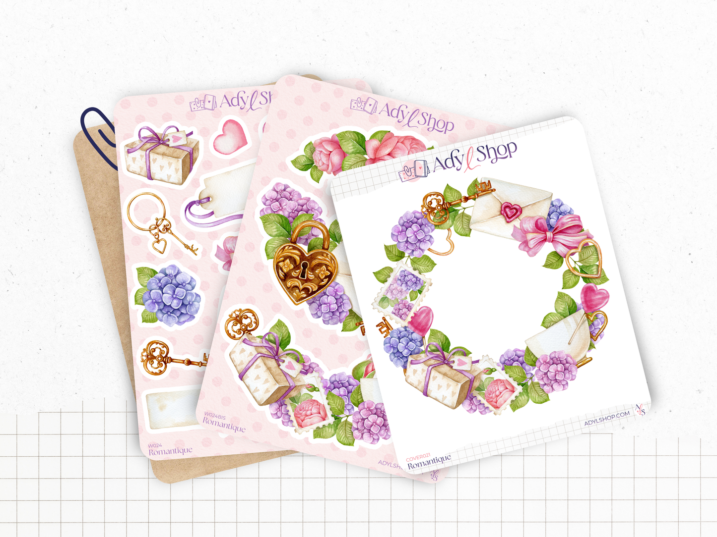 Planches Stickers "Romantique" - Autocollants sur le thème de l'amour et du romantisme - Saint Valentin, fleurs - Bullet Journal / Planner