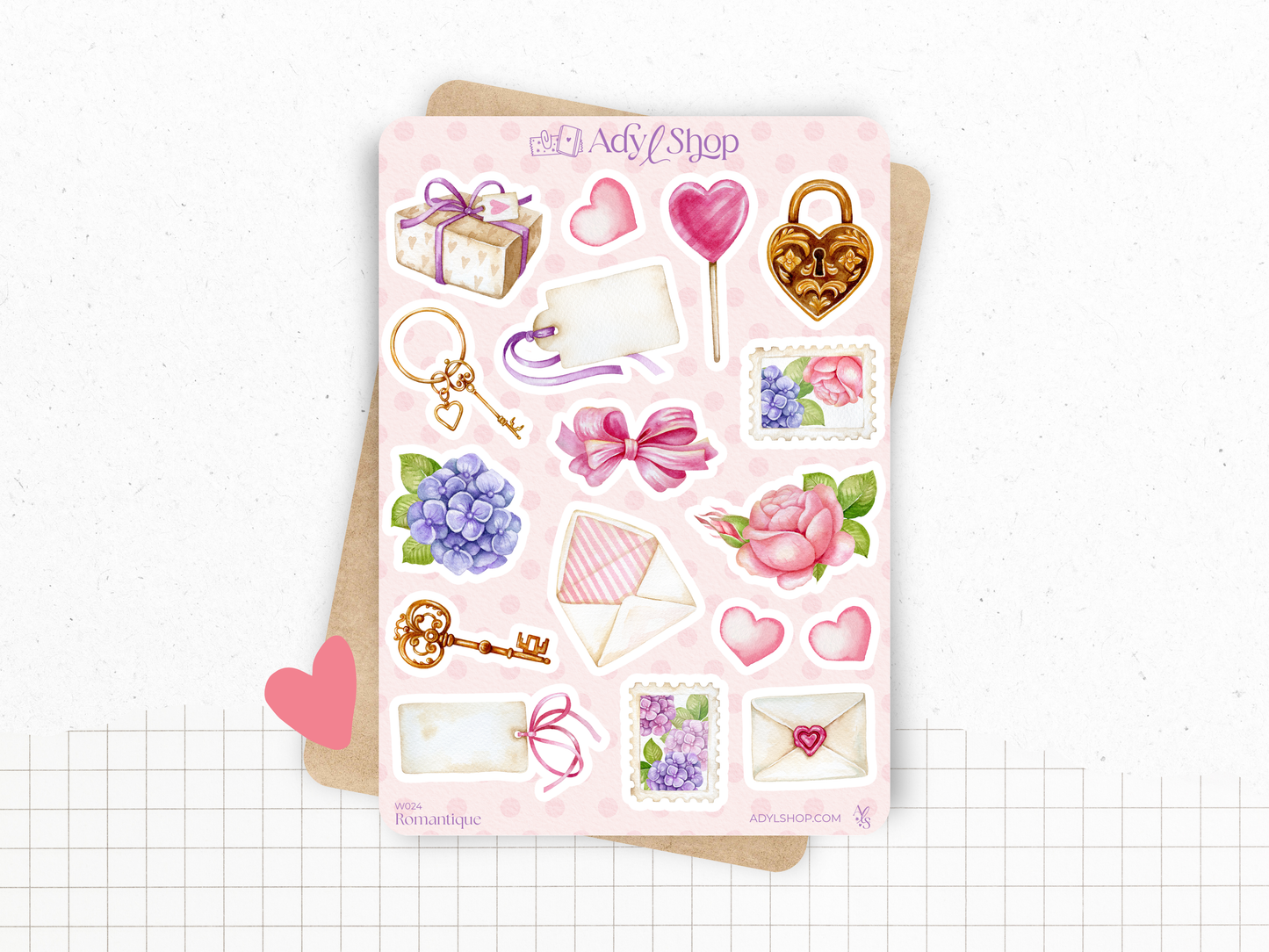 Planches Stickers "Romantique" - Autocollants sur le thème de l'amour et du romantisme - Saint Valentin, fleurs - Bullet Journal / Planner