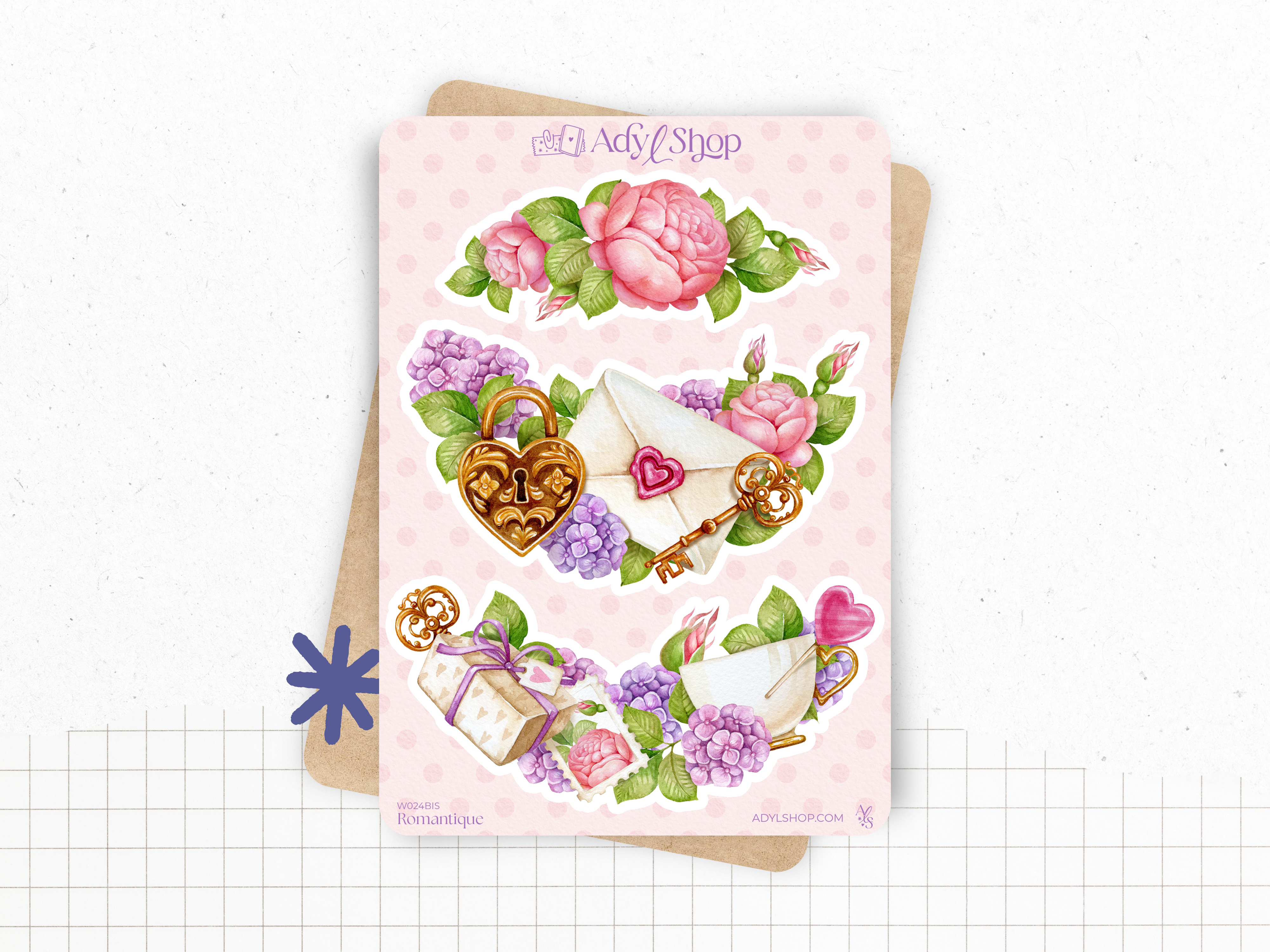 Sticker sheets - "Romantic" - Watercolor illustrations: love, Valentine's Day, letters, flowers - Bullet Journal / Planner sticker sheet