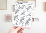 Planche Stickers "Jours de la semaine" écriture cursive - 6 semaines - Papier blanc mat ou transparent mat - Bullet Journal & Planner
