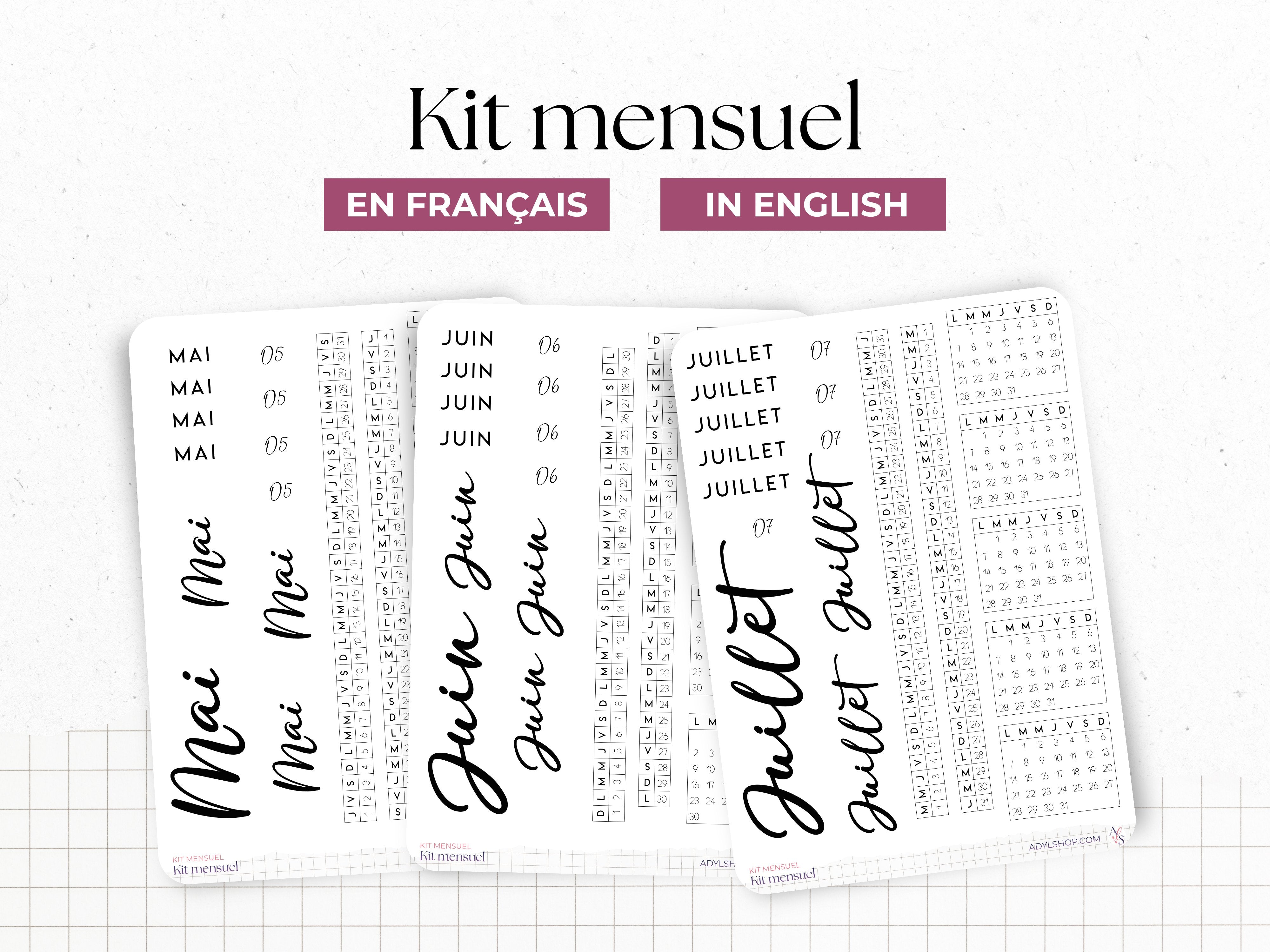 Monthly kit sticker sheet : mini-calendars, monthly planification tools, headers - Bullet Journal & Planner - Journaling