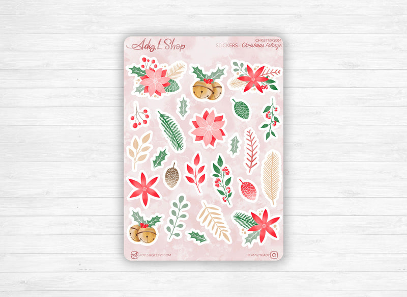 Planche Stickers "Christmas Foliage" - Feuilles, fleurs, branches, houx, clochettes, hiver - Doodles - Bullet Journal & Planner - Journaling
