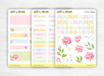 Set mensuel (3 planches) "Pivoines" pour Bullet Journal - Stickers fleuris et colorés - Thème fleurs - Jours de la semaine, headers, doodles