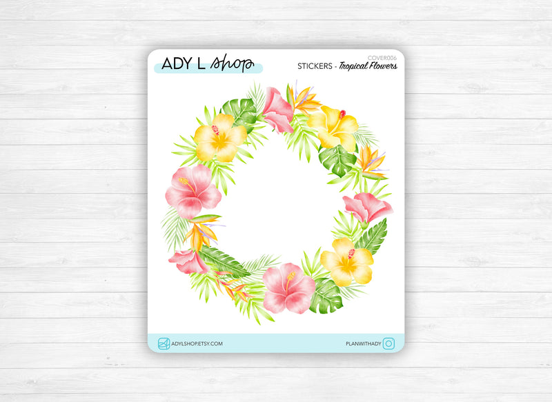 Sticker "Fleurs Tropicales" - Couronne de fleurs exotiques colorées - Page de couverture - Aquarelle - Bullet Journal & Planner - Journaling