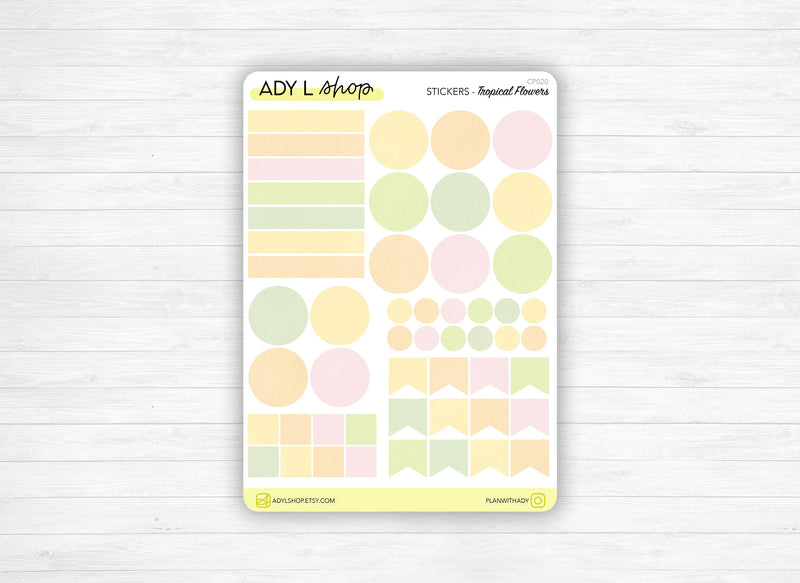 Planche Stickers Palette de Couleurs "Fleurs Tropicales" différentes formes - Couleurs pastel - Bullet Journal & Planner - Journaling