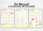Set mensuel (3 planches) "Pivoines" pour Bullet Journal - Stickers fleuris et colorés - Thème fleurs - Jours de la semaine, headers, doodles