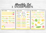 Set mensuel (3 planches) "Fleurs Tropicales" pour Bullet Journal - Stickers fleuris et colorés - Eté - Jours de la semaine, headers, doodles