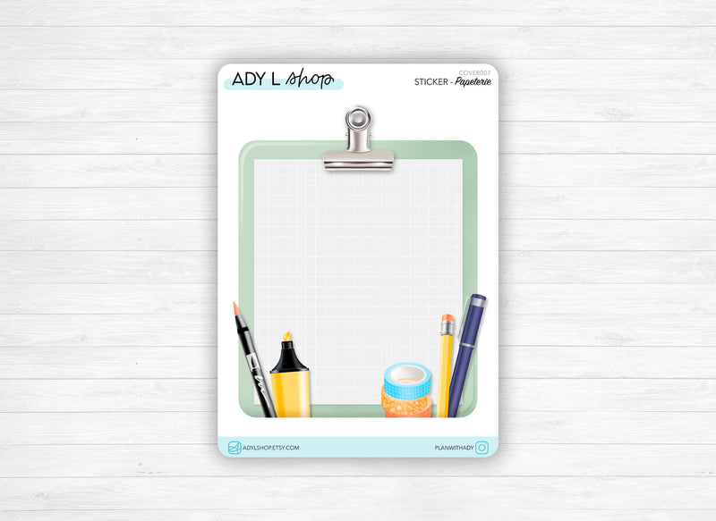 Sticker "Papeterie" - Porte-bloc, carnet, washi tape, stylos - Page de couverture - Aquarelle - Bullet Journal & Planner - Journaling