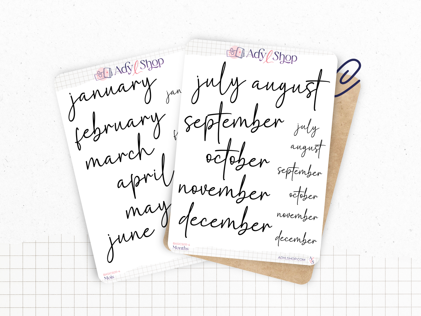 Planches stickers "Mois de l'année" - 6 ou 12 mois - Plusieurs polices d'écriture disponibles - Bullet Journal & Planner
