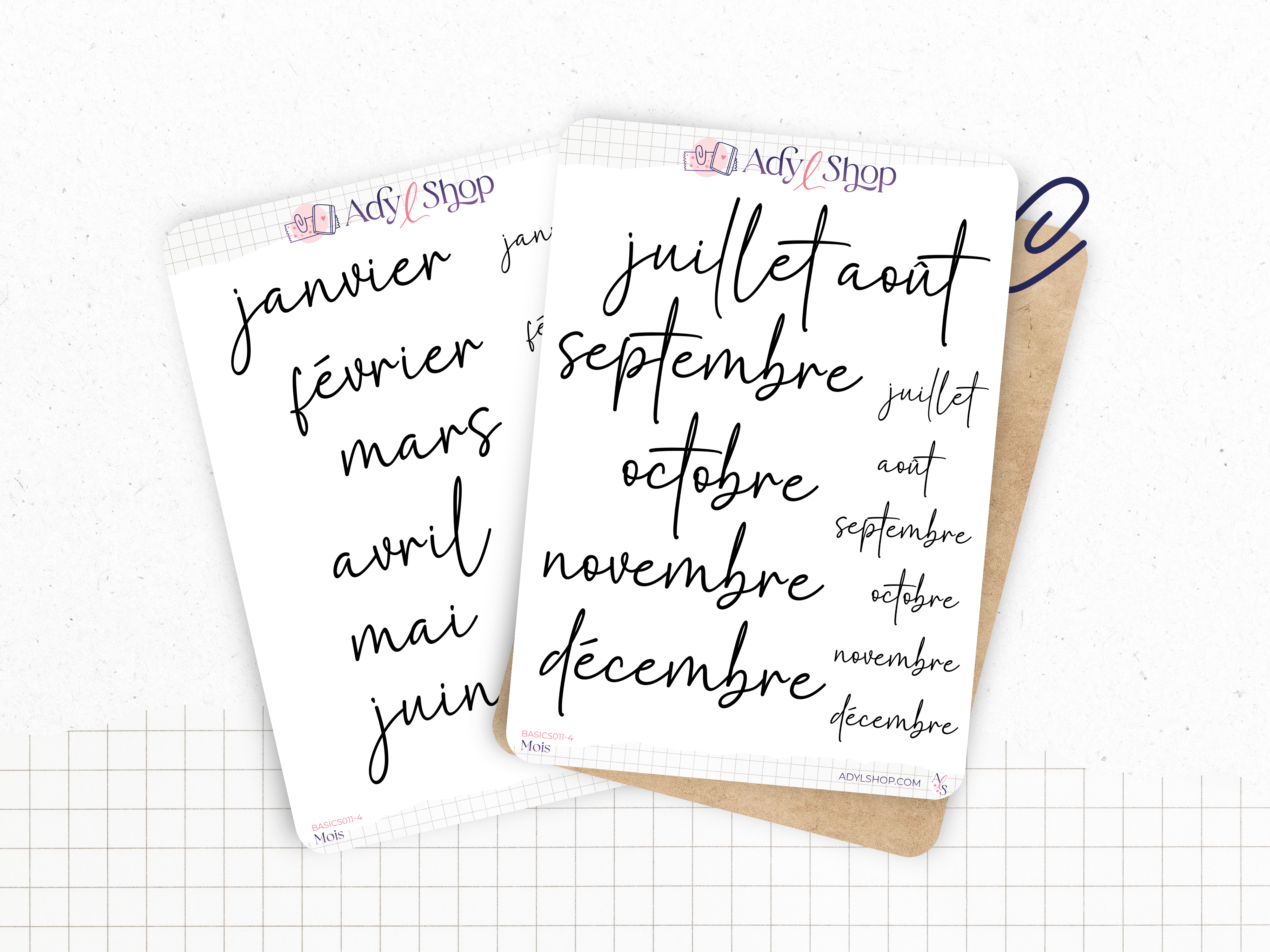 Planches stickers "Mois de l'année" - 6 ou 12 mois - Plusieurs polices