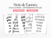 Planches stickers "Mois de l'année" - 6 ou 12 mois - Plusieurs polices d'écriture disponibles - Bullet Journal & Planner