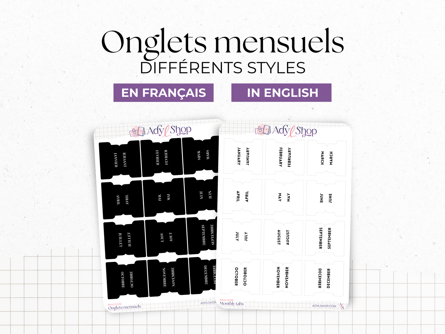 Onglets mensuels autocollants - Différents styles et polices : blanc, noir - 12 mois - Anglais ou Français - Bullet Journal & Planner