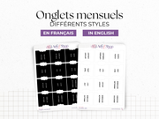 Onglets mensuels autocollants - Différents styles et polices : blanc, noir - 12 mois - Anglais ou Français - Bullet Journal & Planner