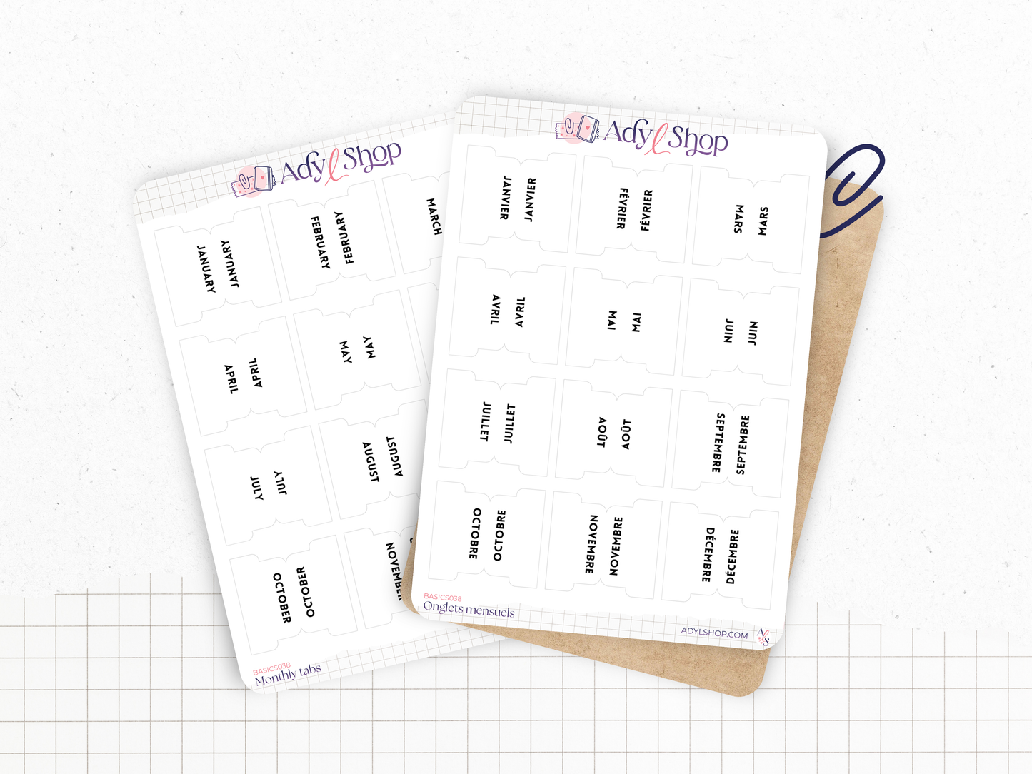 Onglets mensuels autocollants - Différents styles et polices : blanc, noir - 12 mois - Anglais ou Français - Bullet Journal & Planner