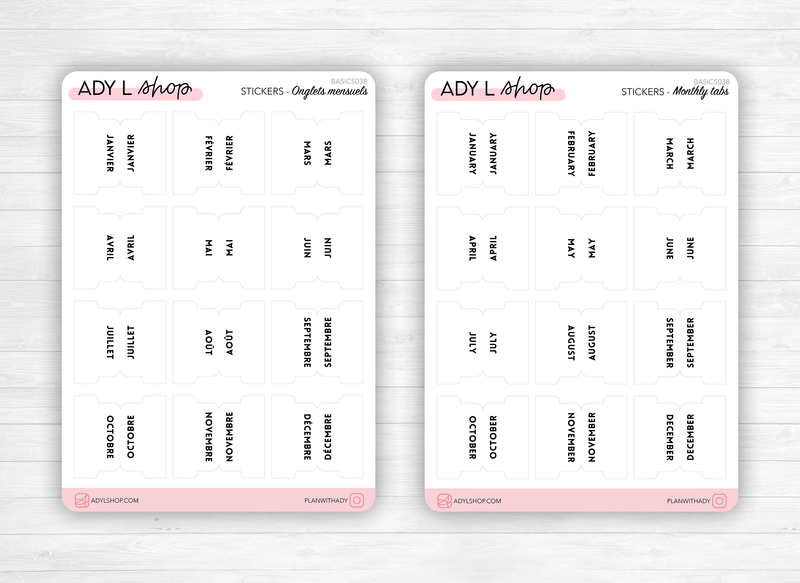 Monthly tabs - 12 stickers - Different styles and fonts : white, black or Kraft - In French or in English - Bullet Journal / Planner