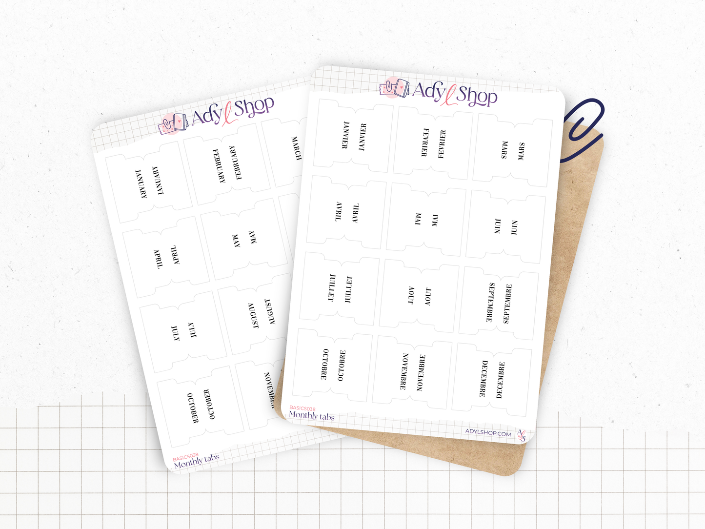 Onglets mensuels autocollants - Différents styles et polices : blanc, noir - 12 mois - Anglais ou Français - Bullet Journal & Planner