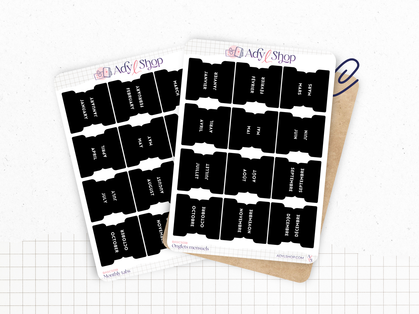 Onglets mensuels autocollants - Différents styles et polices : blanc, noir - 12 mois - Anglais ou Français - Bullet Journal & Planner