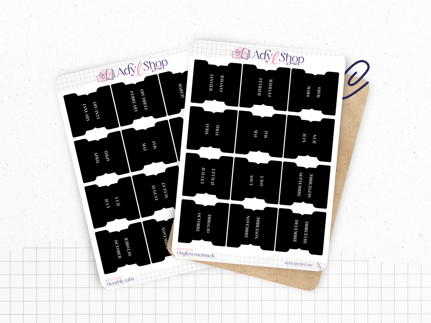 Onglets mensuels autocollants - Différents styles et polices : blanc, noir - 12 mois - Anglais ou Français - Bullet Journal & Planner