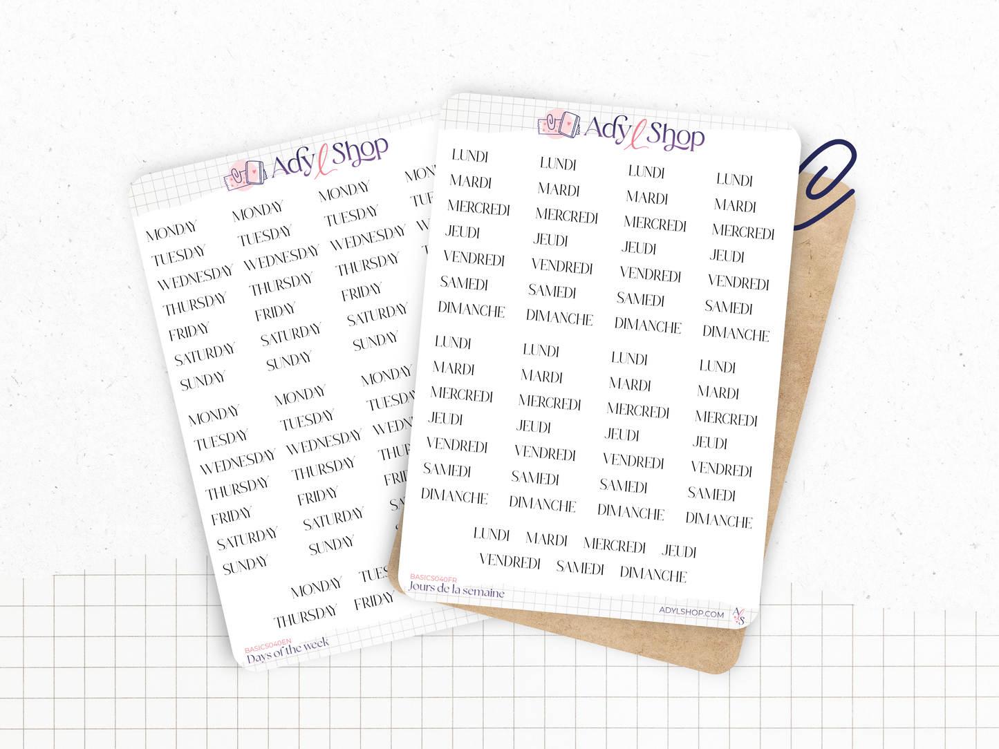 Planche Stickers "Jours de la semaine" - 9 semaines - Police sérif - Papier blanc mat ou transparent mat - Bullet Journal & Planner