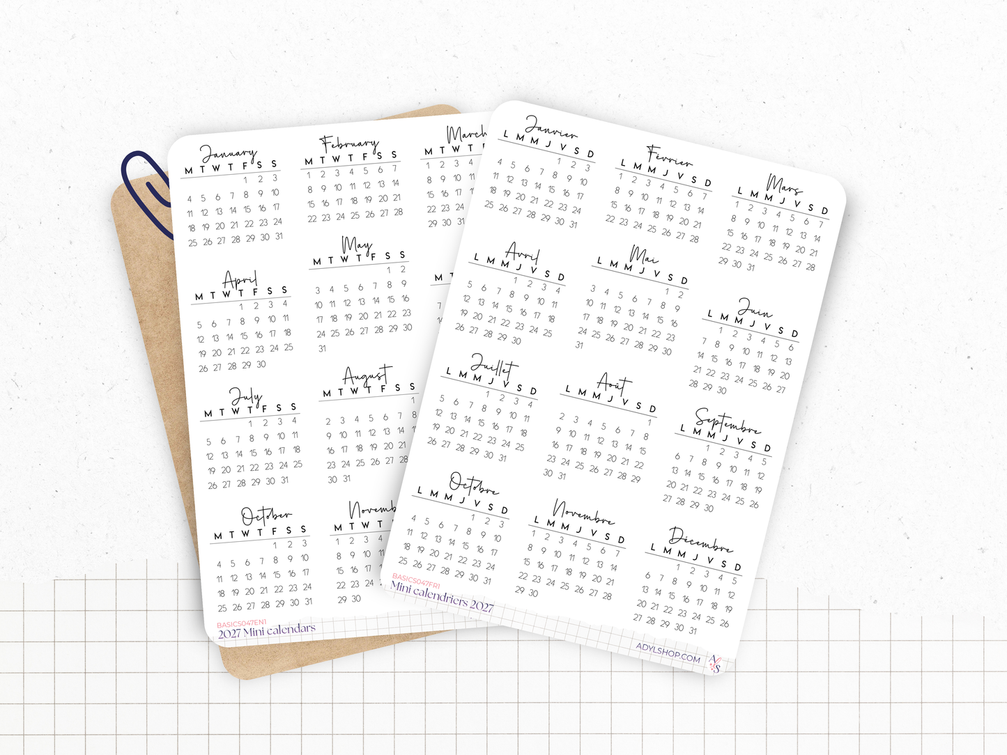 Stickers mini calendriers année 2027, différentes polices, avec ou sans en-têtes - 12 stickers par planche - Bullet Journal & Planner