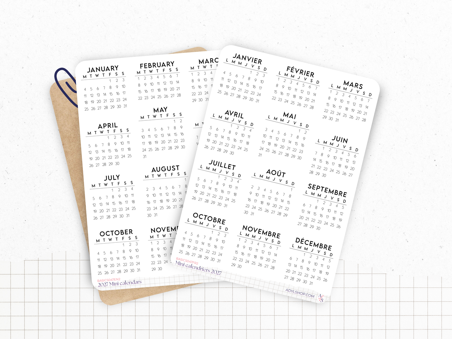 Stickers mini calendriers année 2027, différentes polices, avec ou sans en-têtes - 12 stickers par planche - Bullet Journal & Planner