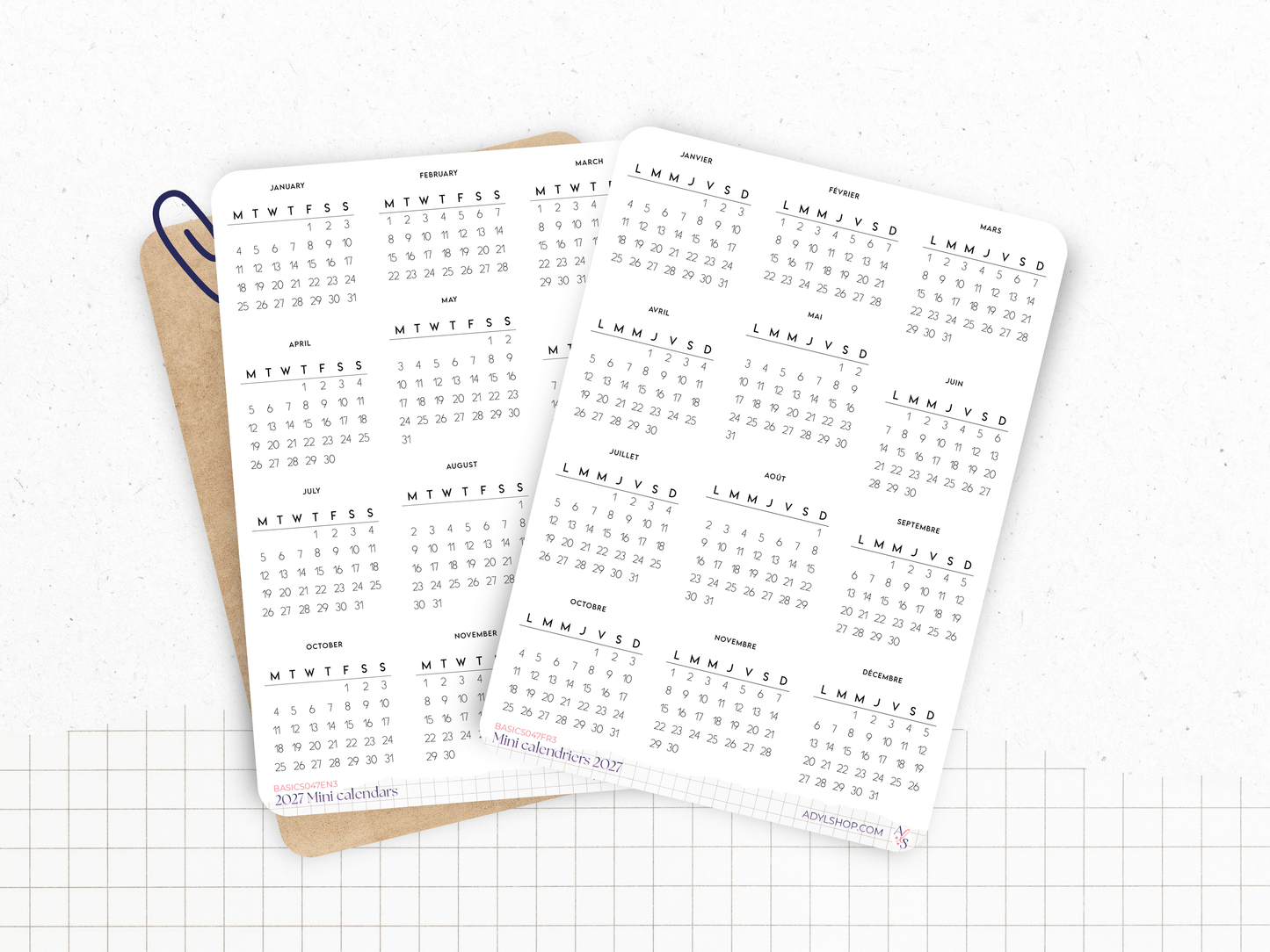 Stickers mini calendriers année 2027, différentes polices, avec ou sans en-têtes - 12 stickers par planche - Bullet Journal & Planner