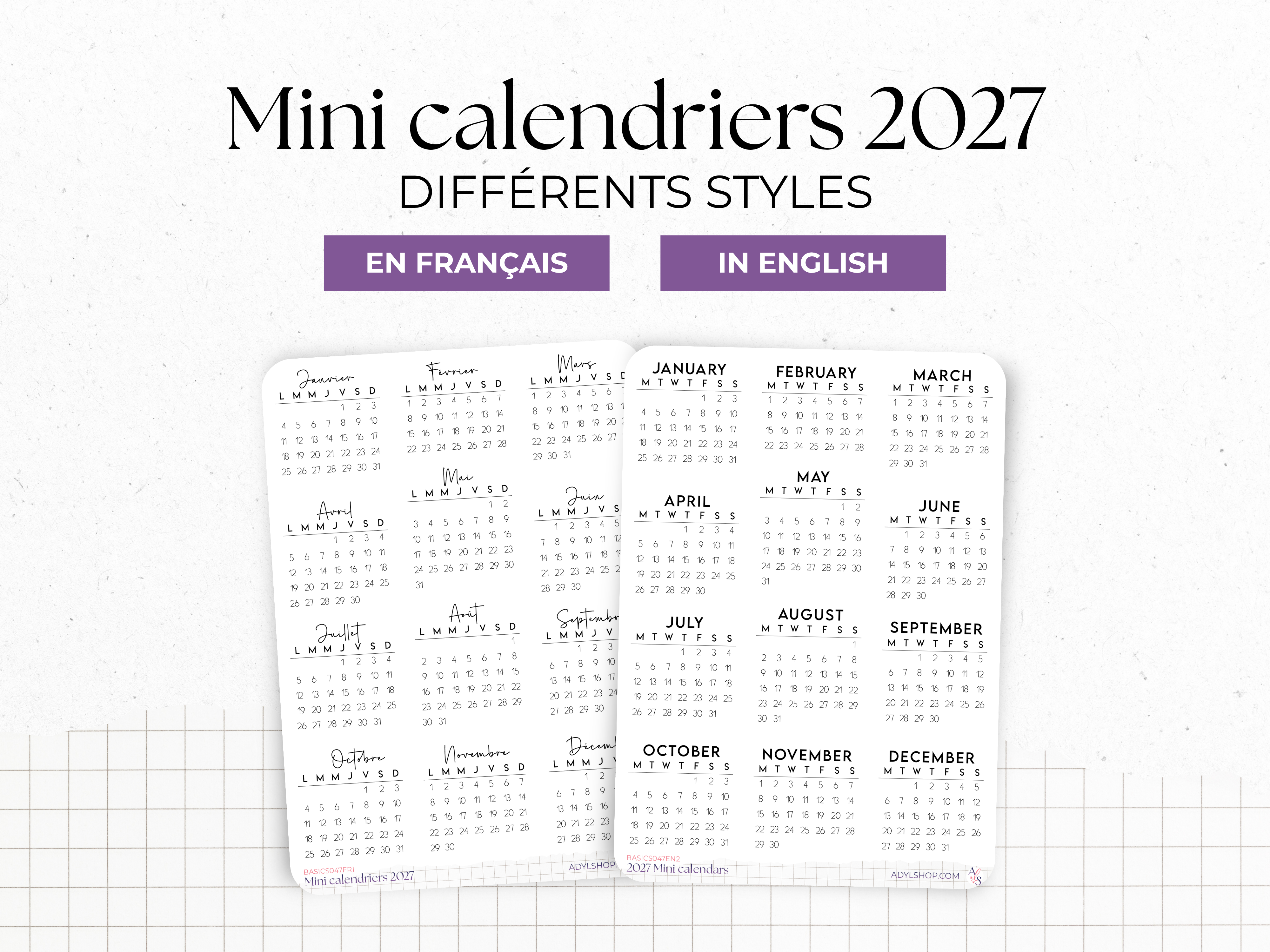 Stickers mini calendriers année 2027, différentes polices, avec ou sans en-têtes - 12 stickers par planche - Bullet Journal & Planner