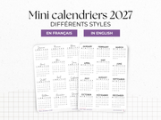 Stickers mini calendriers année 2027, différentes polices, avec ou sans en-têtes - 12 stickers par planche - Bullet Journal & Planner