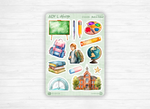 Sticker sheets - "Back to School" - Watercolor illustrations : school supplies, stationery, art - Bullet Journal / Planner sticker sheet