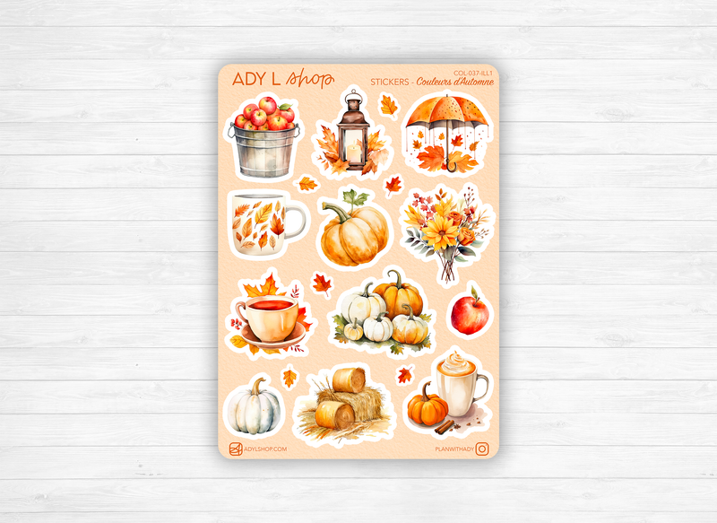 Planches de Stickers "Couleurs d'Automne" - Autocollants sur le thème de l'automne - Couleurs automnales - Bullet Journal / Planner