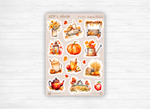 Collection of stickers - "Colors of Fall" - Watercolor illustrations : autumn, pumpkin, leaves, coffee - Bullet Journal / Planner sticker sheet