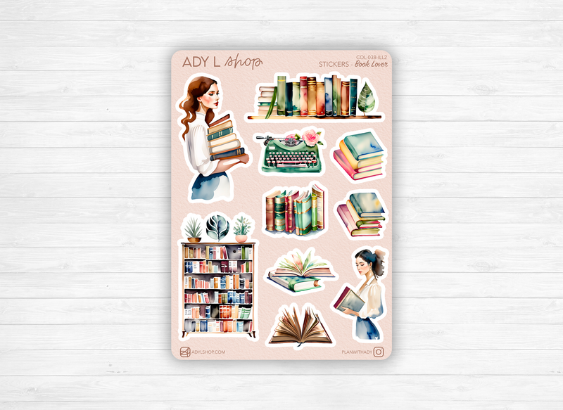 Planches de Stickers "Book Lover" - Autocollants sur le thème des livres et de la lecture - Bullet Journal / Planner