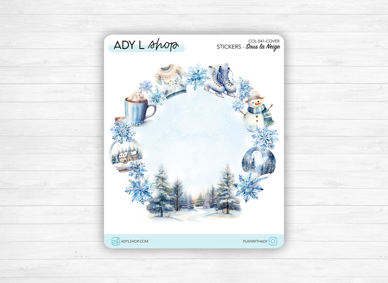 Sticker sheets - "Snow Day" - Watercolor illustrations : winter, snow, Christmas - Cover Page - Winter wreath - Bullet Journal / Planner sticker sheet