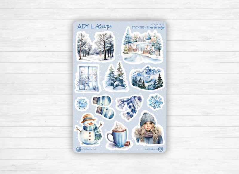 Planches de Stickers "Sous la Neige" - Autocollants sur le thème de l'hiver, froid, Noël, flocons de neige, bleu- Bullet Journal/Planner