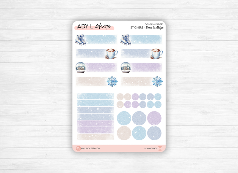 Planches de Stickers "Sous la Neige" - Autocollants sur le thème de l'hiver, froid, Noël - Headers, formes, titres - Bullet Journal/Planner