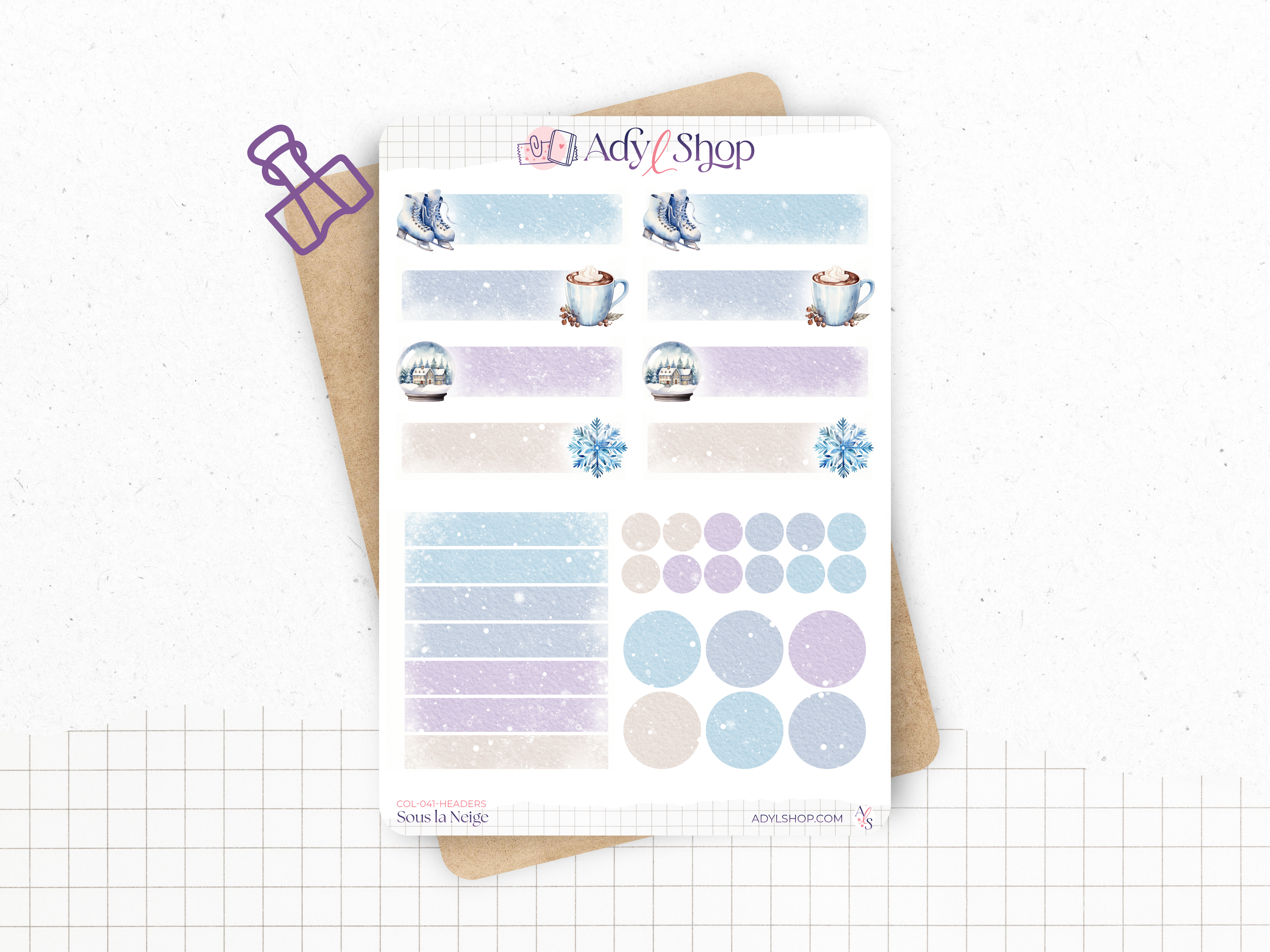 Planches de Stickers "Sous la Neige" - Autocollants sur le thème de l'hiver, froid, Noël - Headers, formes, titres - Bullet Journal/Planner
