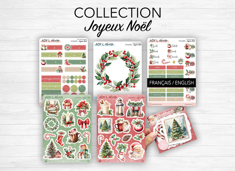 Collection de Planches de Stickers "Joyeux Noël" - Autocollants sur le thème de Noël, hiver, père Noël, cadeaux, houx, fêtes - Bullet Journal/Planner