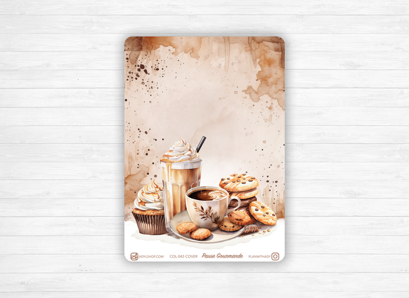 Planches de Stickers "Pause Gourmande" - Autocollants sur le thème de la gourmandise, café - Page de couverture - Bullet Journal/Planner