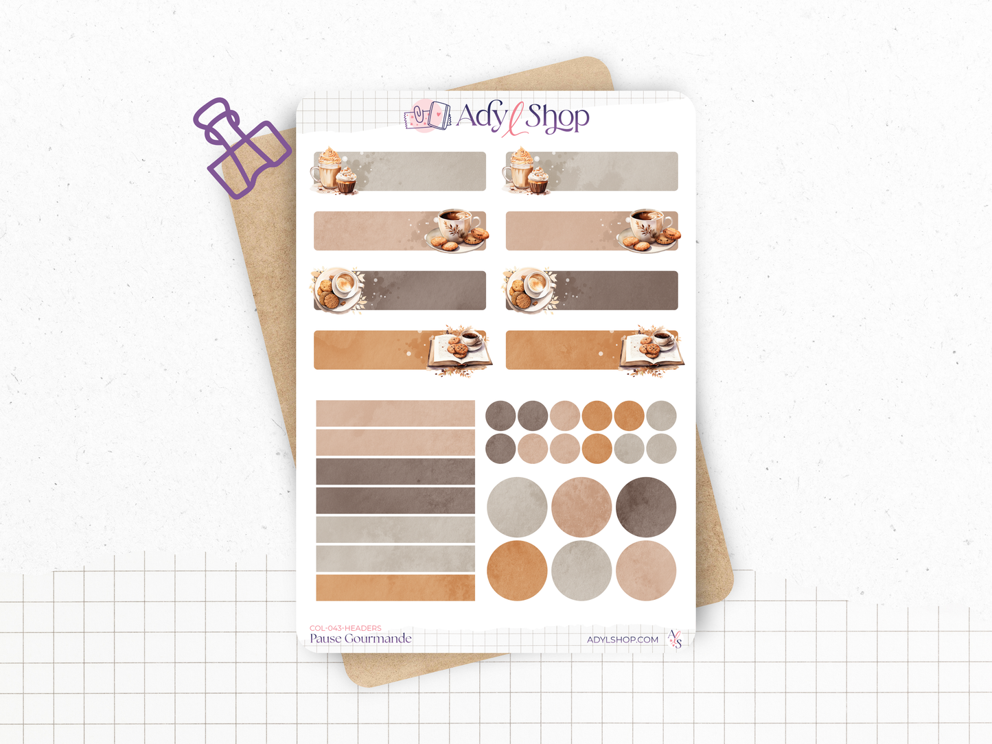 Planches de Stickers "Pause Gourmande" - Autocollants sur le thème de la gourmandise, café, chocolat, cupcake, cozy - Bullet Journal/Planner