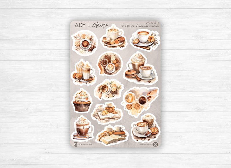 Sticker sheets - "Sweet Treats" - Watercolor illustrations : coffee, chocolate, cozy break, latte - Bullet Journal / Planner sticker sheet
