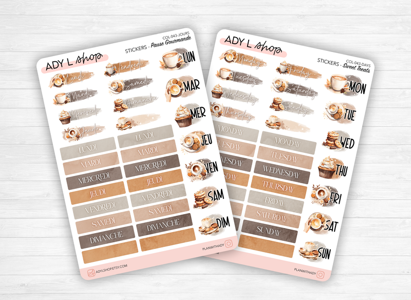 Planches de Stickers "Pause Gourmande" - Autocollants sur le thème de la gourmandise, café - Jours de la semaine - Bullet Journal/Planner