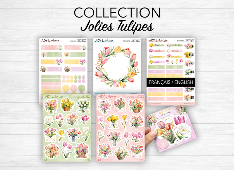 Collection complète de stickers "Jolies Tulipes" - Autocollants sur le thème du printemps, fleurs - Jolies tulipes colorées - Bullet Journal Planner