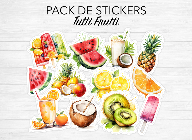 Pack de 12 stickers "Tutti Frutti" - Autocollants sur le thème de l'été et des fruits - Couleurs vitaminées - Bullet Journal Planner